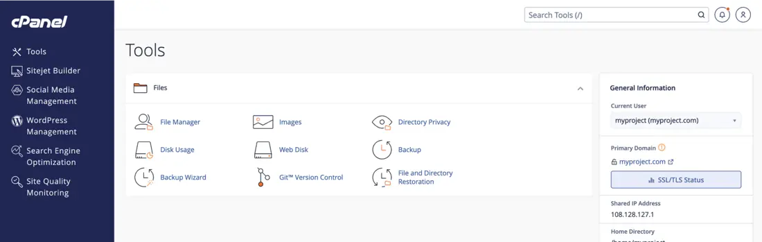 The cPanel Tools page, with the file manager, backups and Git version control