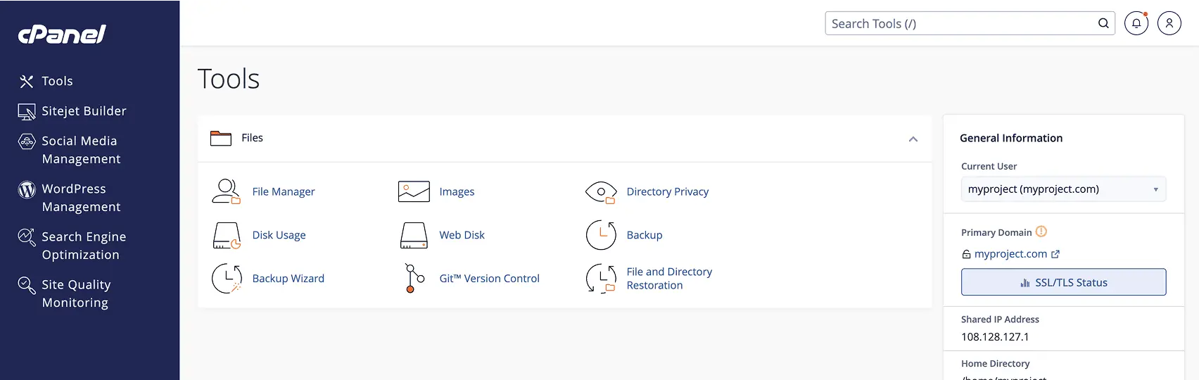 The cPanel Tools page, with the file manager, backups and Git version control