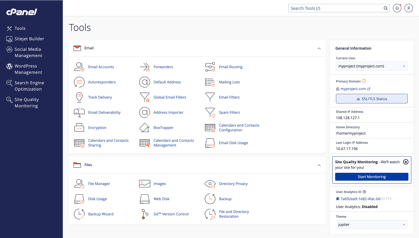 cPanel and WHM tools dashboard